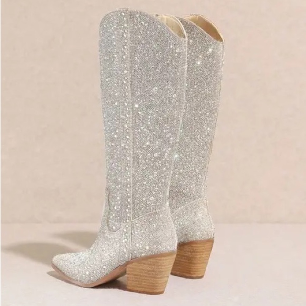 Last Pair! Nashville Silver Rhinestone Embellished Fashion Tall Cowboy Boots 6.5 - Picture 5 of 7